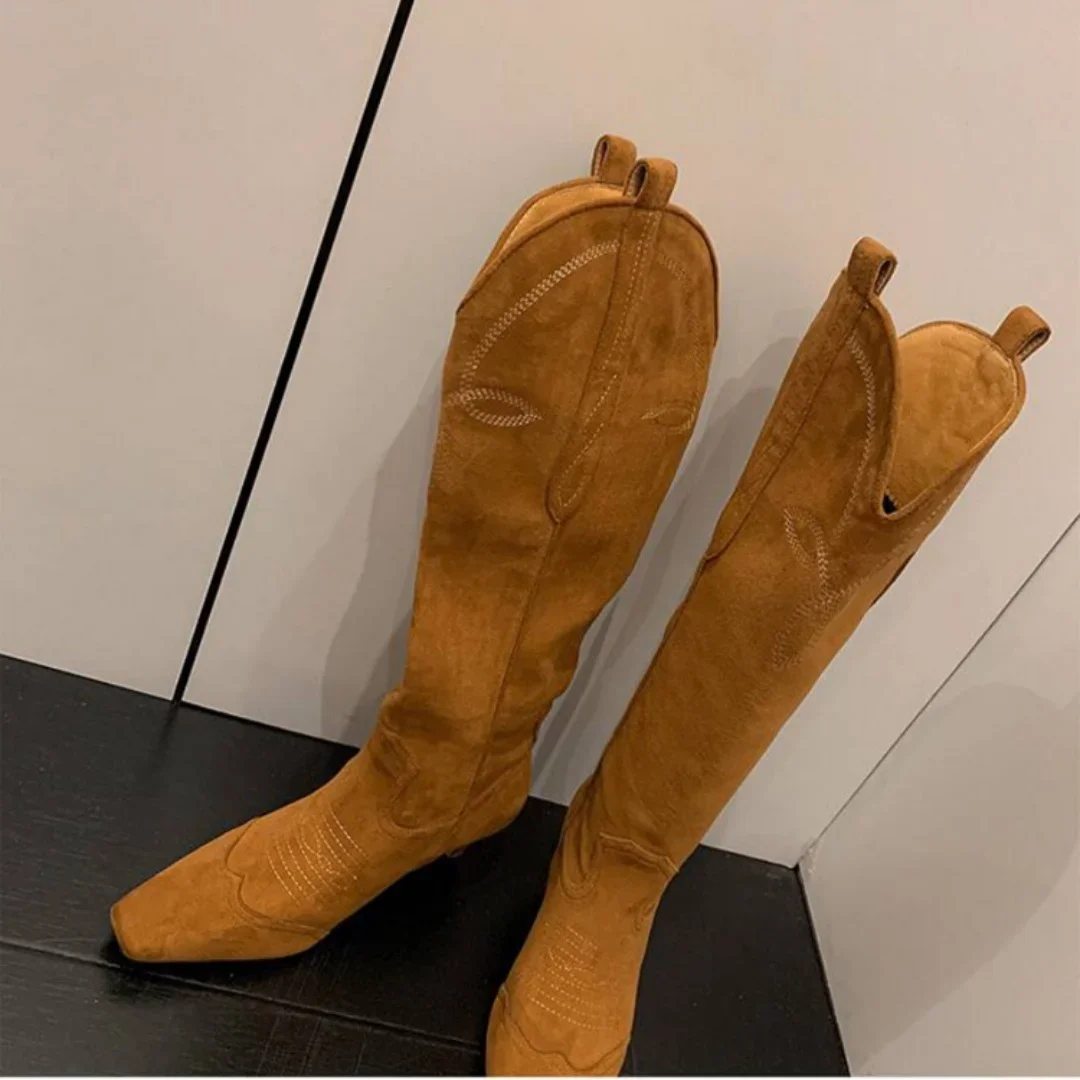 

Knee-High Western Boots High Heel Large Size Sleeve Knee-High Boots For Women Square Toe V-Neck Embroidered Cat Heel Patchwork