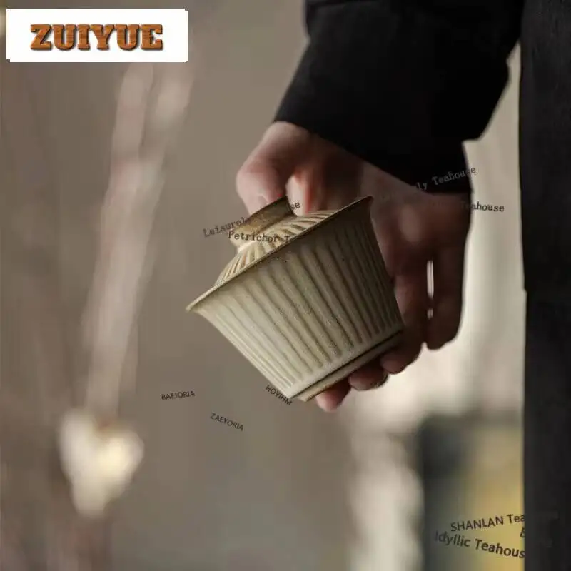 120ml Handmade Coarse Pottery Covered Bowl Japanese Vertical Grain Tea Tureen Tea Maker Gaiwan Scholar Kung Fu Teaware Crafts