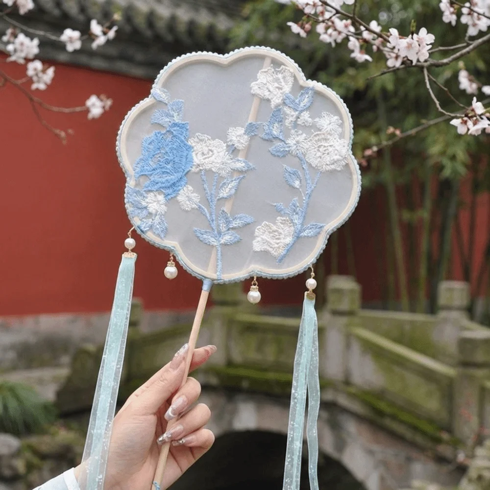 Classical Handheld Chinese Style Fan Long Handle Decorative Embroidery Fan with Tassels Hanfu Fan Dance