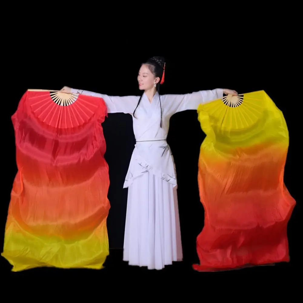 Hot Sale Long Imitation Gradient Color Dancer Practice Silk Fans Rayon Silk Fans Belly Dancing Fan Long Silk Fans