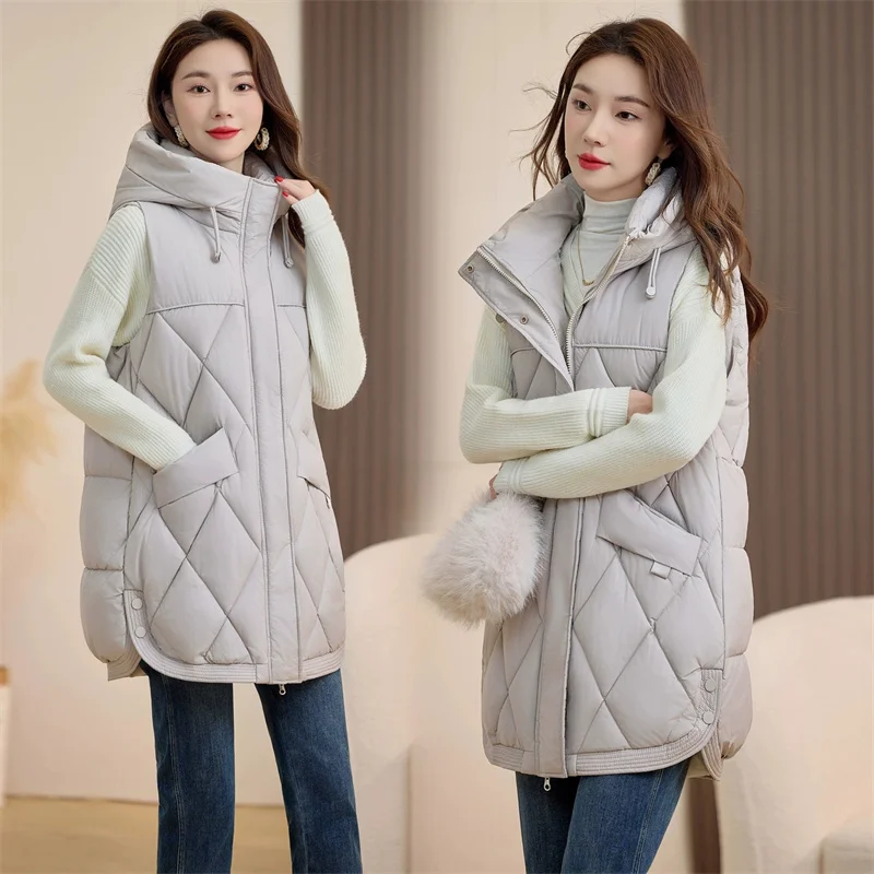 Frauen Mit Kapuze Weste Herbst Winter Mantel Neue Mode Gepolsterte Unten Baumwolle Weste Dicke Warme Ärmellose Jacke Weibliche Lose Outwear