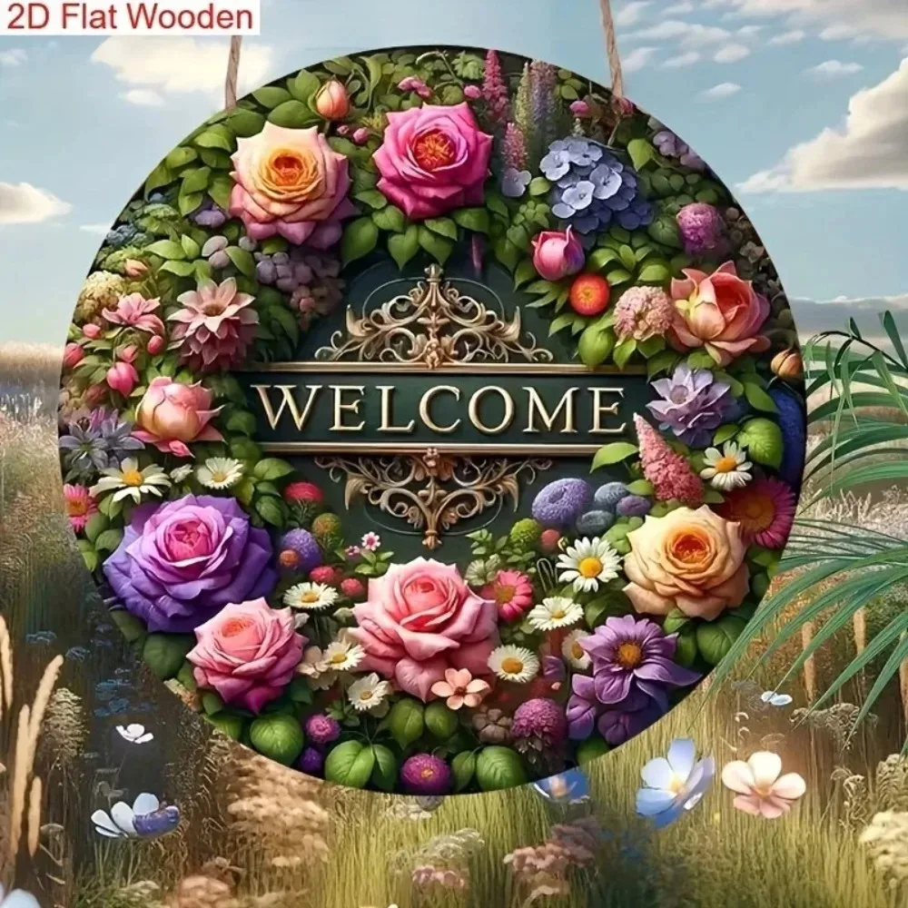 Rustic Gold Welcome Sign for Garden Patio, 2D Flat Floral Greenery Decor Outdoor Home Entryway