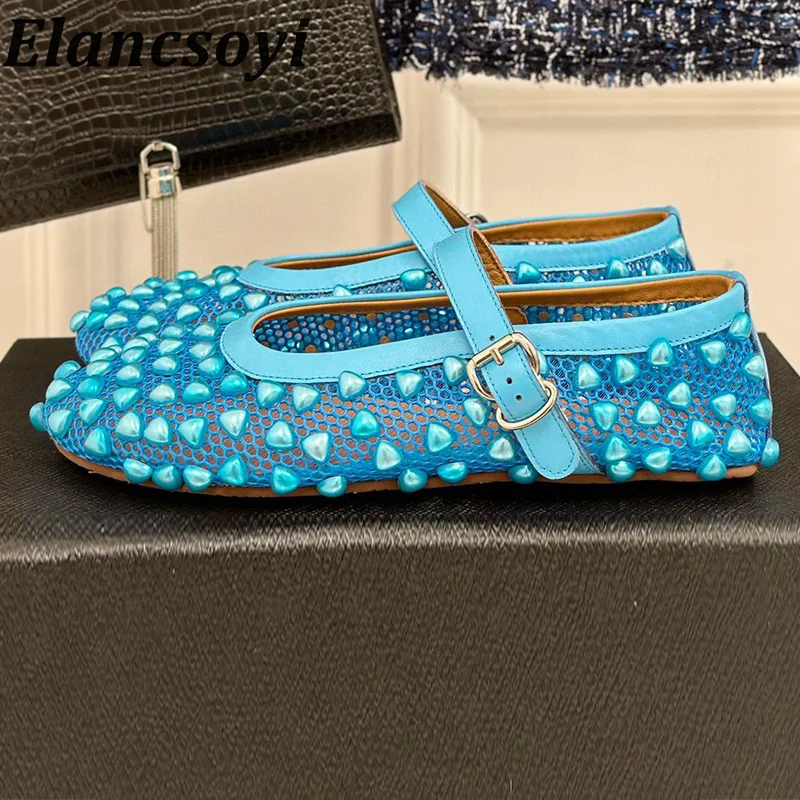 

Spring Summer Round Toe Luxury Pearl Decoration Mesh Flat Shoes Women Breathable Sweet Mary Jane Shoes Soft Soled Ballet Shoes