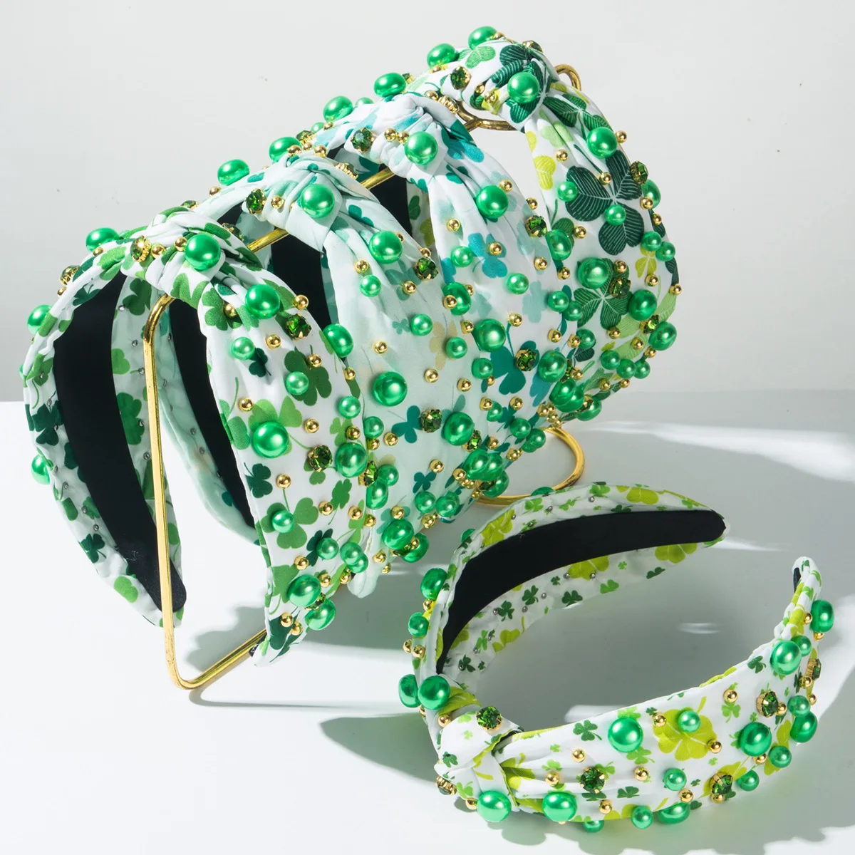 Lucky Clover Print Wide Headband Green Pearls Knotted Hairband Saint Patrick Day Festive Hair Hoop Irish Party Headwear