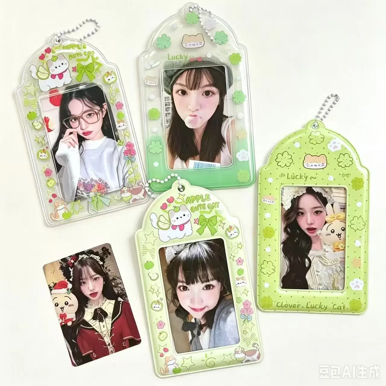 1-2PCS Cute Cartoon Cat Card Holder Green Tone Ins PVC Kpop Idol Photo Storage Pendant 3Inch Photo Storage Case Protection Cover