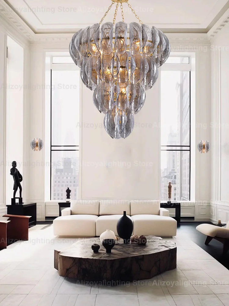 

Light Luxury Rectangle Smoky Gray Glass Hardware Luster Ceiling Light Adjustable Dimmable Chandelier for Villa Dining interior