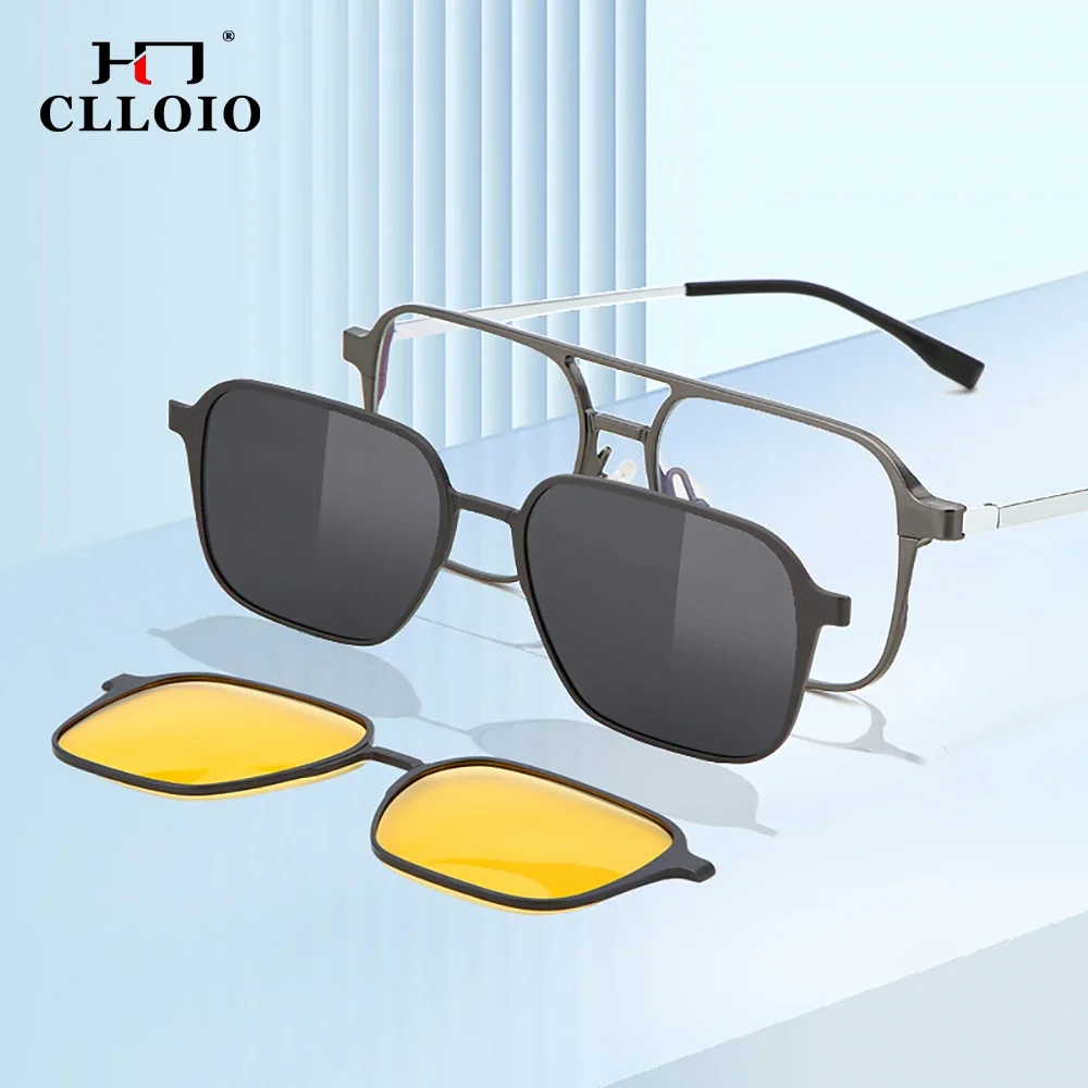 CLLOIO New Style Aluminum 3 In 1 Magnet Clip On Glasses Frame Trend   Polarized Sunglasses Men Driving Prescription Frames UV400