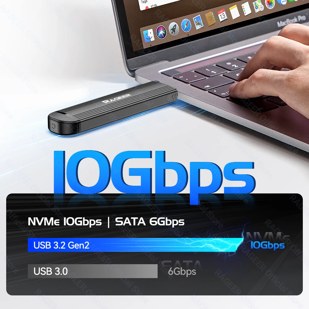 RAGEER 10Gbps M.2 SSD Enclosure - Mendukung NVMe/SATA 2230-2280 Chip RTL9210B Mendukung SSD 2TB Maks Mendukung USB-A+USB-C