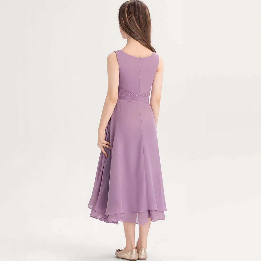 YZYmanualroom Chiffon Junior Bridesmaid Dress With Bow A-line Square Tea-Length 2-15T