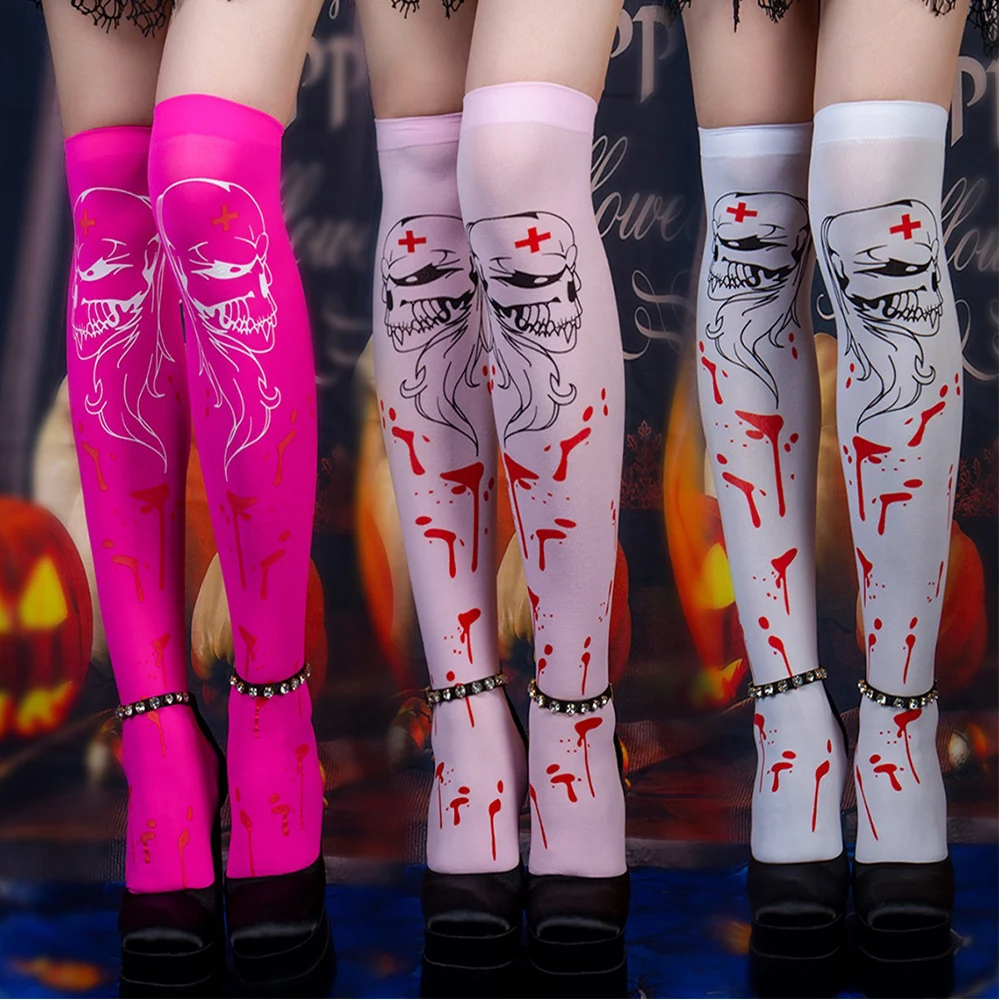 Halloween Easter Nurse Skeleton Blood Socks Skull Long Socks Y2k Women Sexy Thigh High Stockings Funny Thin Party Stretchy Socks