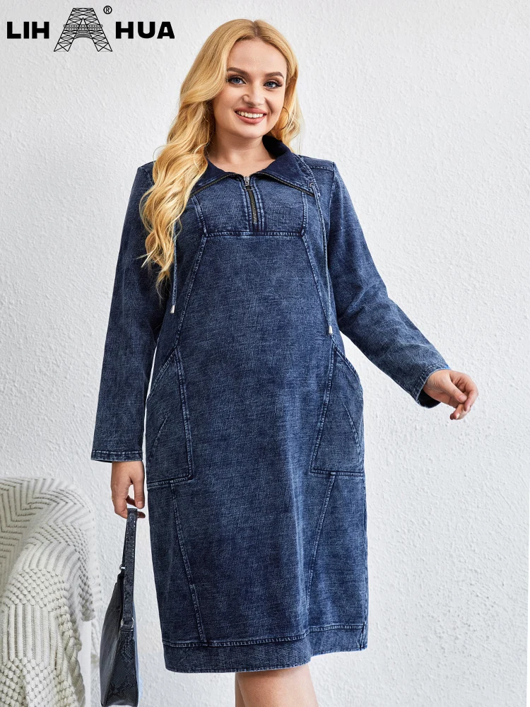 LIH HUA damskie Plus Size sukienka jeansowa jesienne elegancki, szykowny sukienki dla pulchnych kobiet dzianiny bawełniane dekolt z klapami sukienki