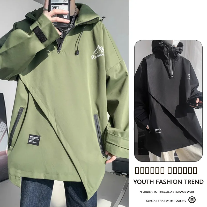 

Large Size 300 Pounds Hooded High Collar Jacket Men's Autumn Winter American High Street Functional Style Coat Zipper Decorative