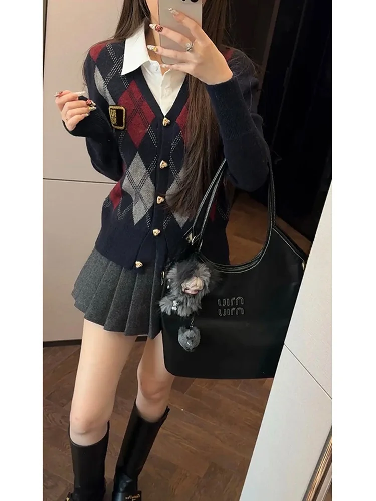 

Youlu Early Spring Anti-Aging College Sle Color Blo Knitted V-Ne Cardigan Skirt Pants Set Women's Faion Ensemble