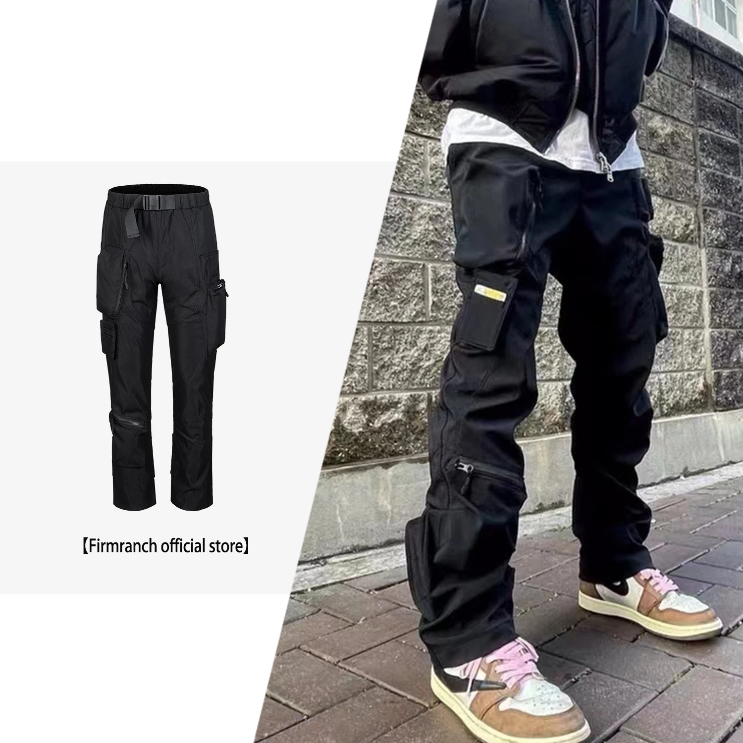 

Firmranch Men Women Korean Archive Fashion Uction Button Functional Multi-pocket Cargo Pants Baggy Black Slack Casual Streetwear