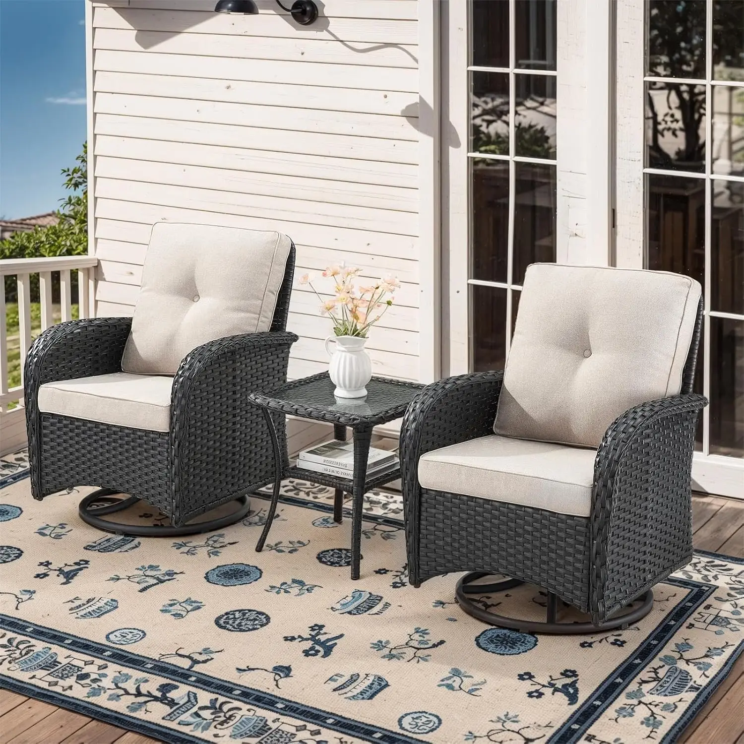 

3 Pieces Black Wicker Patio Furniture Outdoor Swivel Rocker Patio Glider Chairs Set of 2 with Side Table Beige Cushion