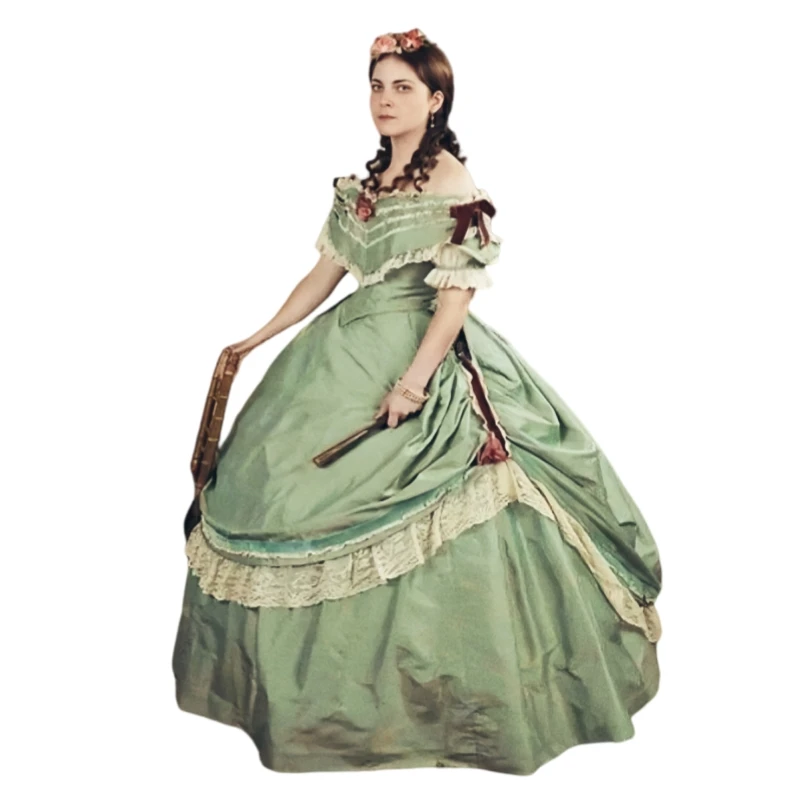 فستان حفلة موسيقية أخضر حكيم عتيق من الساتان الفيكتوري مطوي من الساتان بطول الأرض ملابس تنكرية للحفلات مخصصة