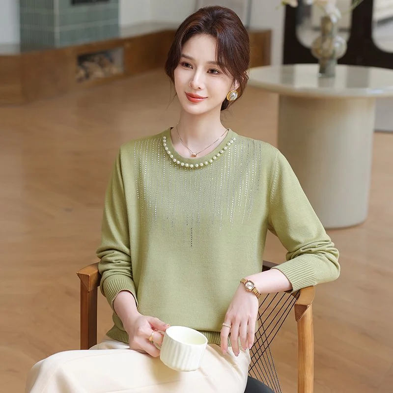 

Свитер с длинными рукавами для мамы, модный осенний новый тонкий стильный свободный базовый топ с круглым вырезом