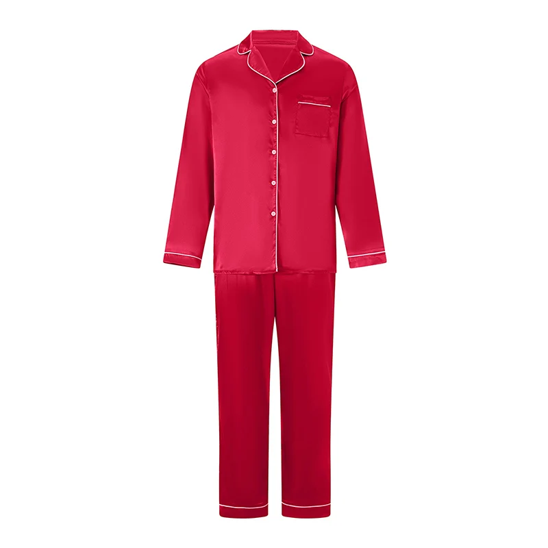 Family Matching Pajamas Solid Color Long Sleeve Lapel Tops and Long Pants Set Satin Sleepwear