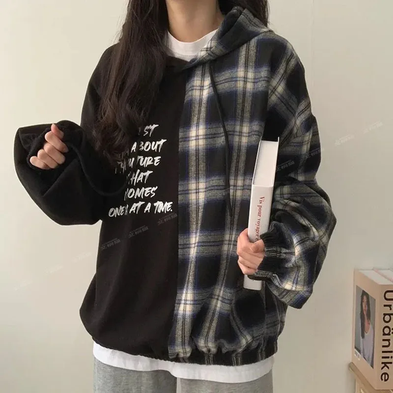 Fashion Printing Spliced Plaid Lace Up Hooded Sweatshirts Female Clothing 2023 Winter Loose Casual Tops Korean Warm Sweatshirts