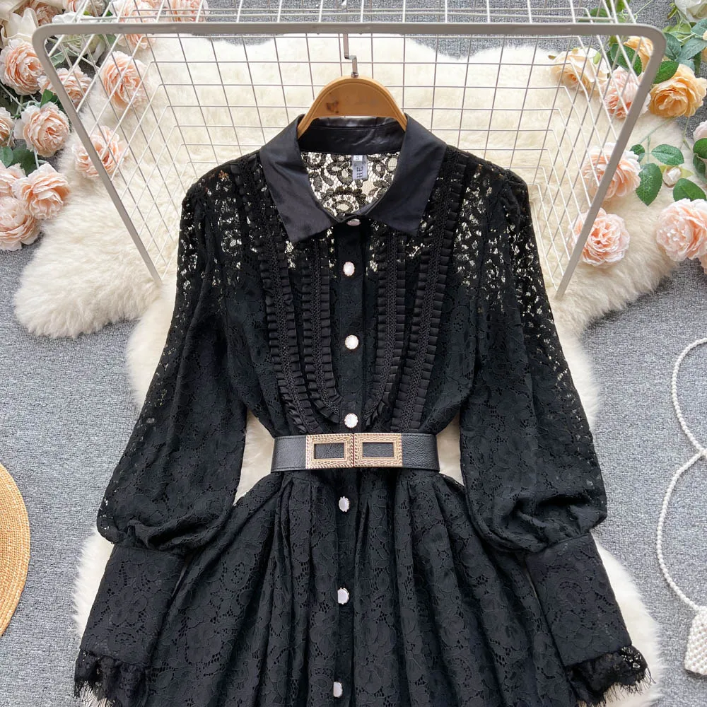 Elegant Black Lace Dress Women Lantern Sleeve Turn Down Collar Hollow Out Big Swing Long Dress Spring Autumn Ladies Party Dress