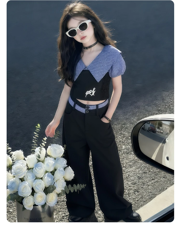 Neue Mode Kinder Streetwear Mädchen Rückenfreies Kleidungsset Crop-Top und Hose 2-teiliger Anzug Kinder Trend Street Trainingsanzug – Detail 9
