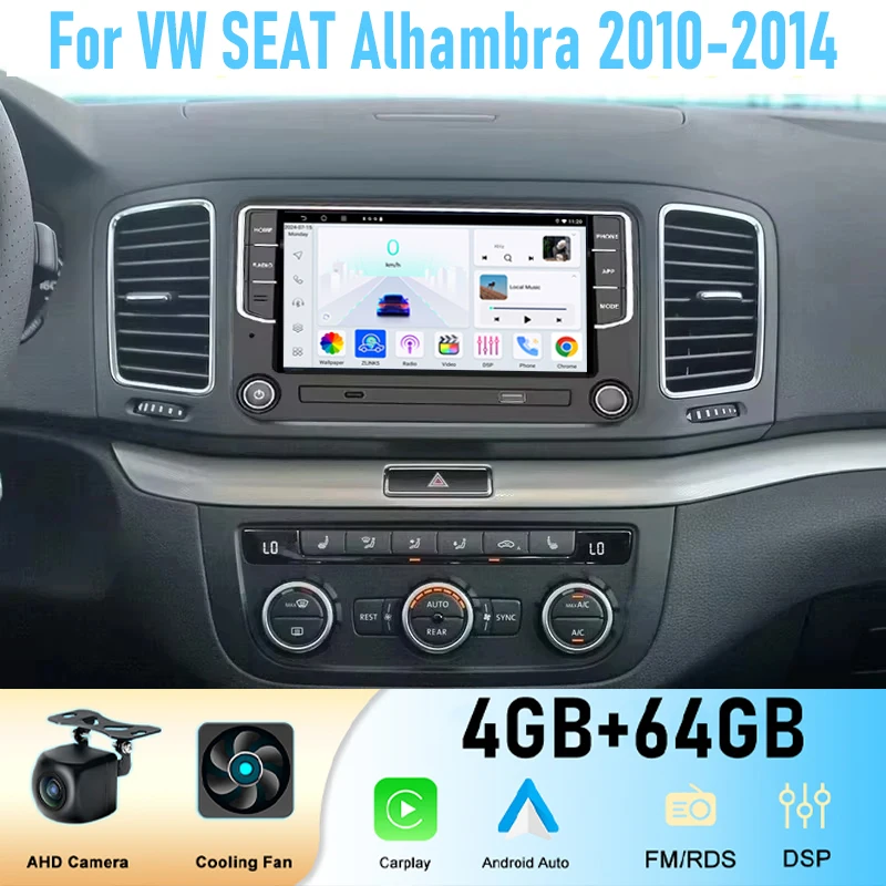 

7'' For VW SEAT Alhambra 2010-2014 GPS Car Stereo Radio Wireless Apple Carplay BT Android15 Auto Head Unit Camera WIFI 4-64GB
