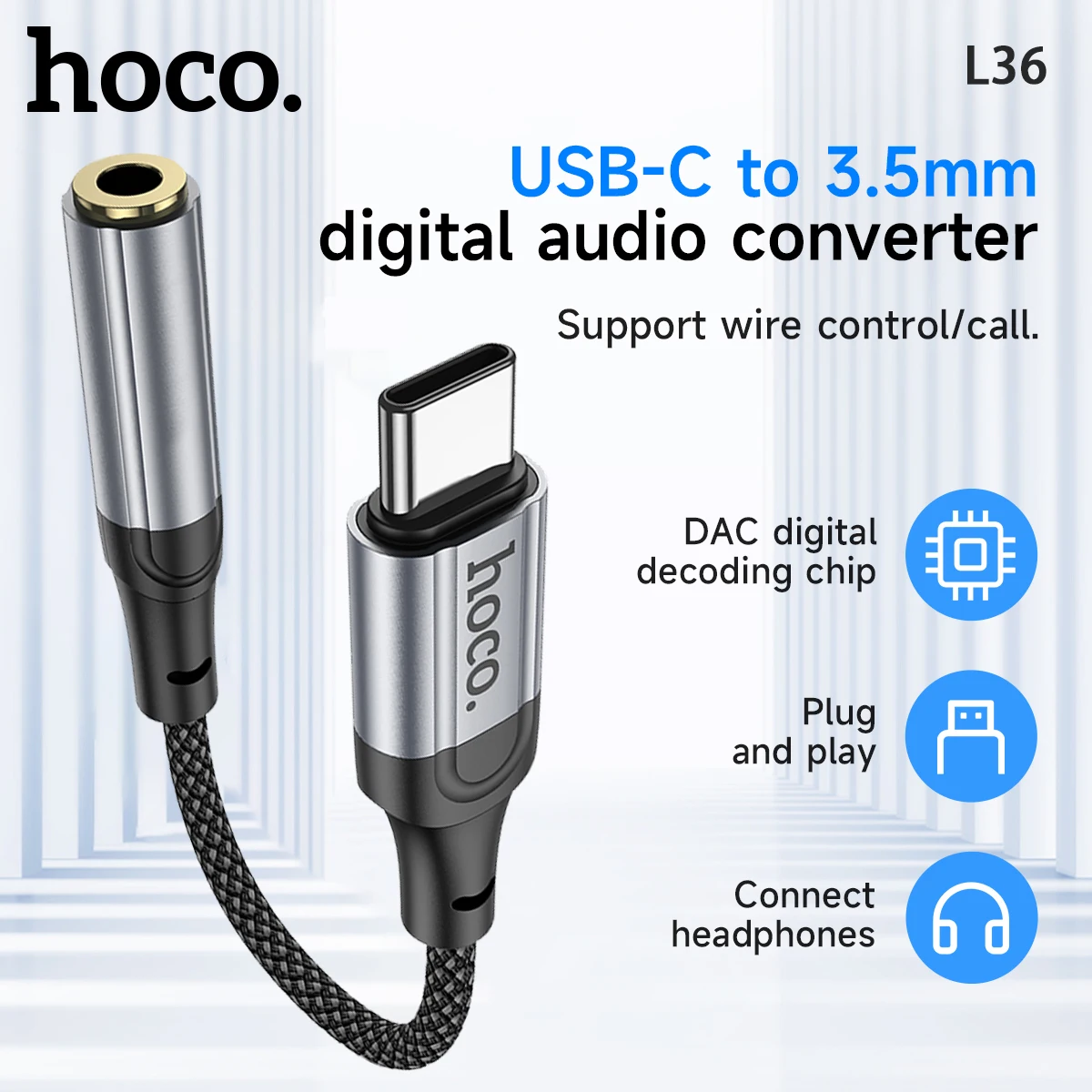 

HOCO LS36 Digital Type-C to Jack 3.5mm Female Audio Converter USB C to 3.5 Earphone Cable For Samsung iPhone 15 16 Music Adapter