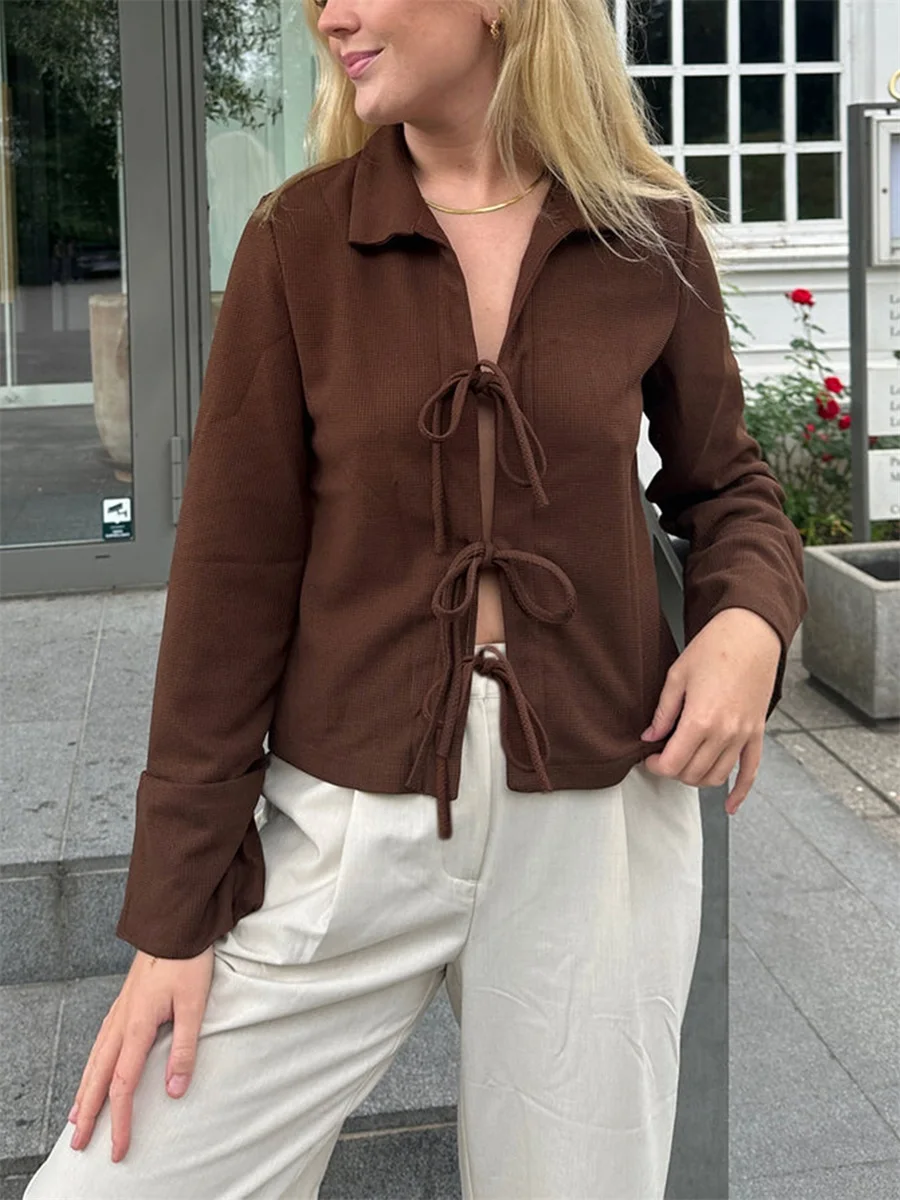 Lace-Up Hollow Out Lapel Cardigan Coat For Women Solid High Waist Patchwork Slim Bandage Solid Female Outwear Clothes 2024 Fall