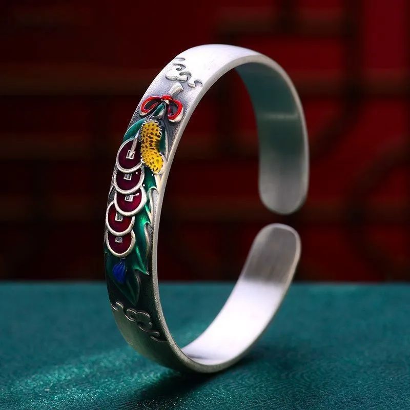 Enamel Five Emperors Coin Bracelet Men And Women, One Leaf Brings Wealth Good Luck Peanut Vintage Open Bangle
