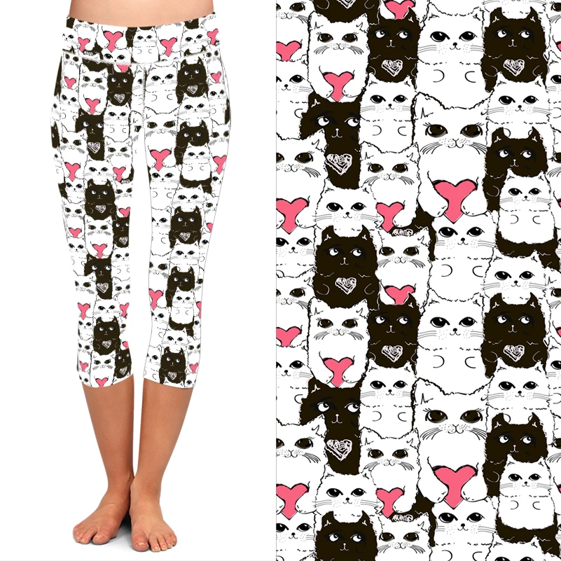 LETSFIND-Leggings Capri elásticos para mujer, pantalones con estampado Digital 3D de Gato Negro y el gato blanco con el corazón, cintura alta, Fitness suave