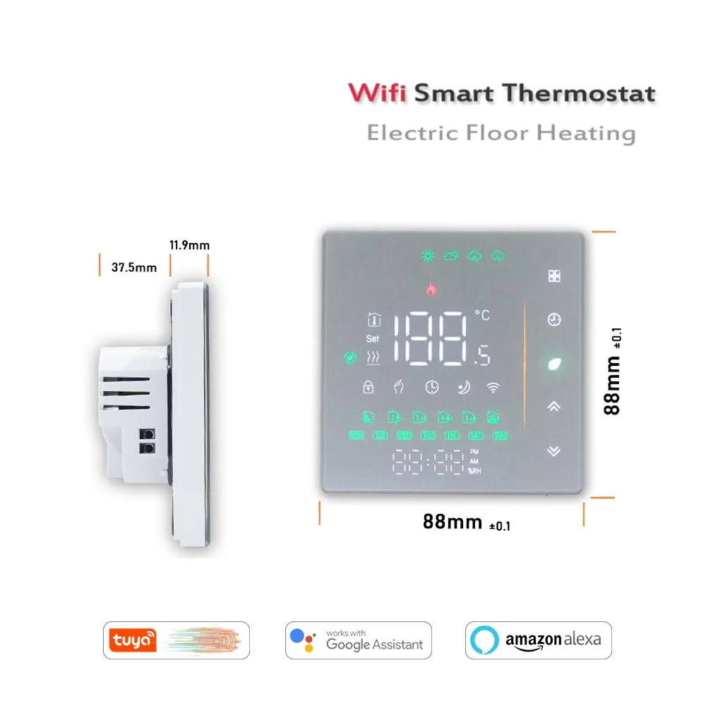 Pengontrol Suhu Termostat Cerdas Wifi 16A Pemanas Lantai Elektrik Bekerja dengan Alexa Google Home