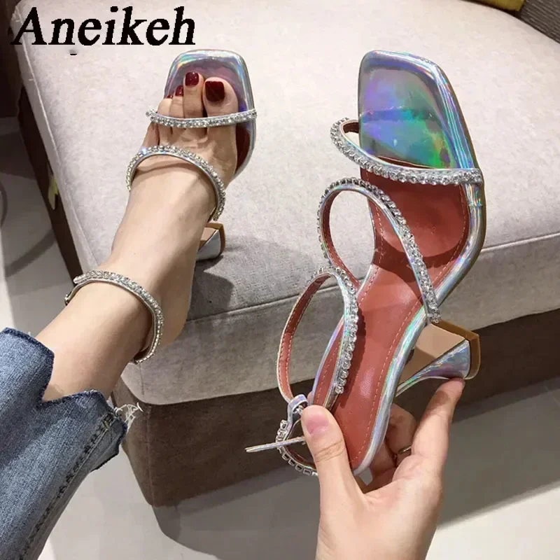 Aneikeh sandalo con tacco alto con strass lucido da donna 2024 Summer Fashion Sexy PU Square Head Kitten Heel Party Dress Shoes 35-41