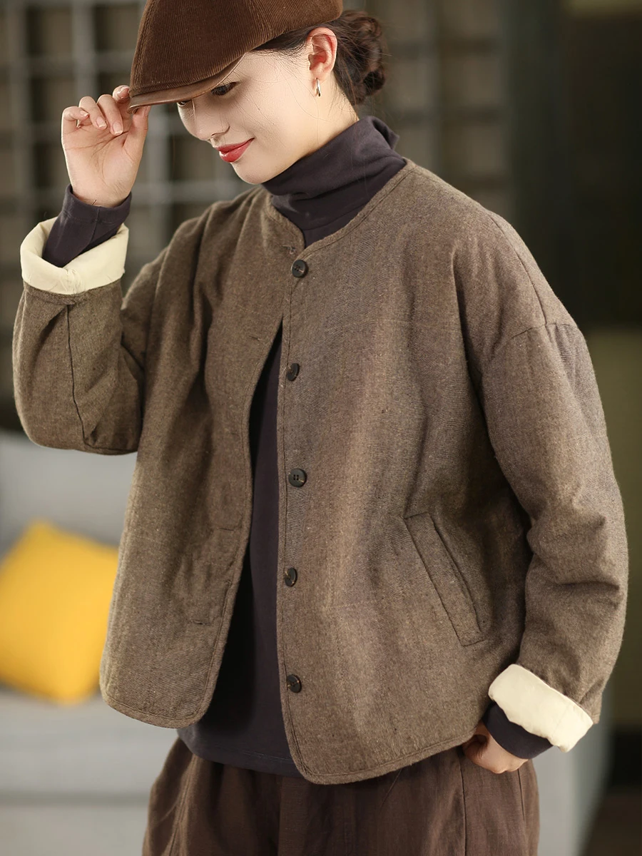 

Thiened Cotton Jaet Sand Waed Plain Color Linen Inner Coat Warm Outerwear for Women Comfortable Loose Fit Long Sve