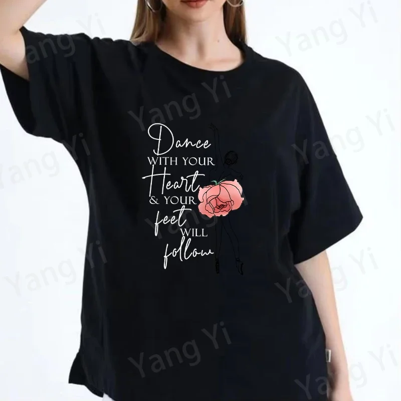 2026 New Funny Rose Ballet Skirt Graphic Print T-shirt Cotton Dance with Heart Letter Pattern Harajuku Man Women Plus Size Tops
