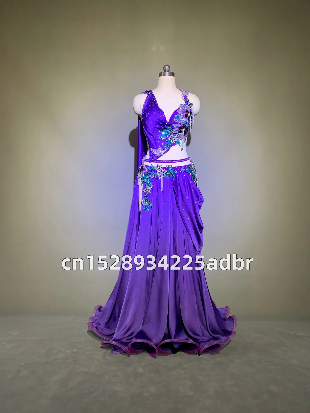 BellyDance Set Customized Exquisite Pearl Bra+Sexy Split Long Skirt 2pcs Belly Dancer Performance Costumes