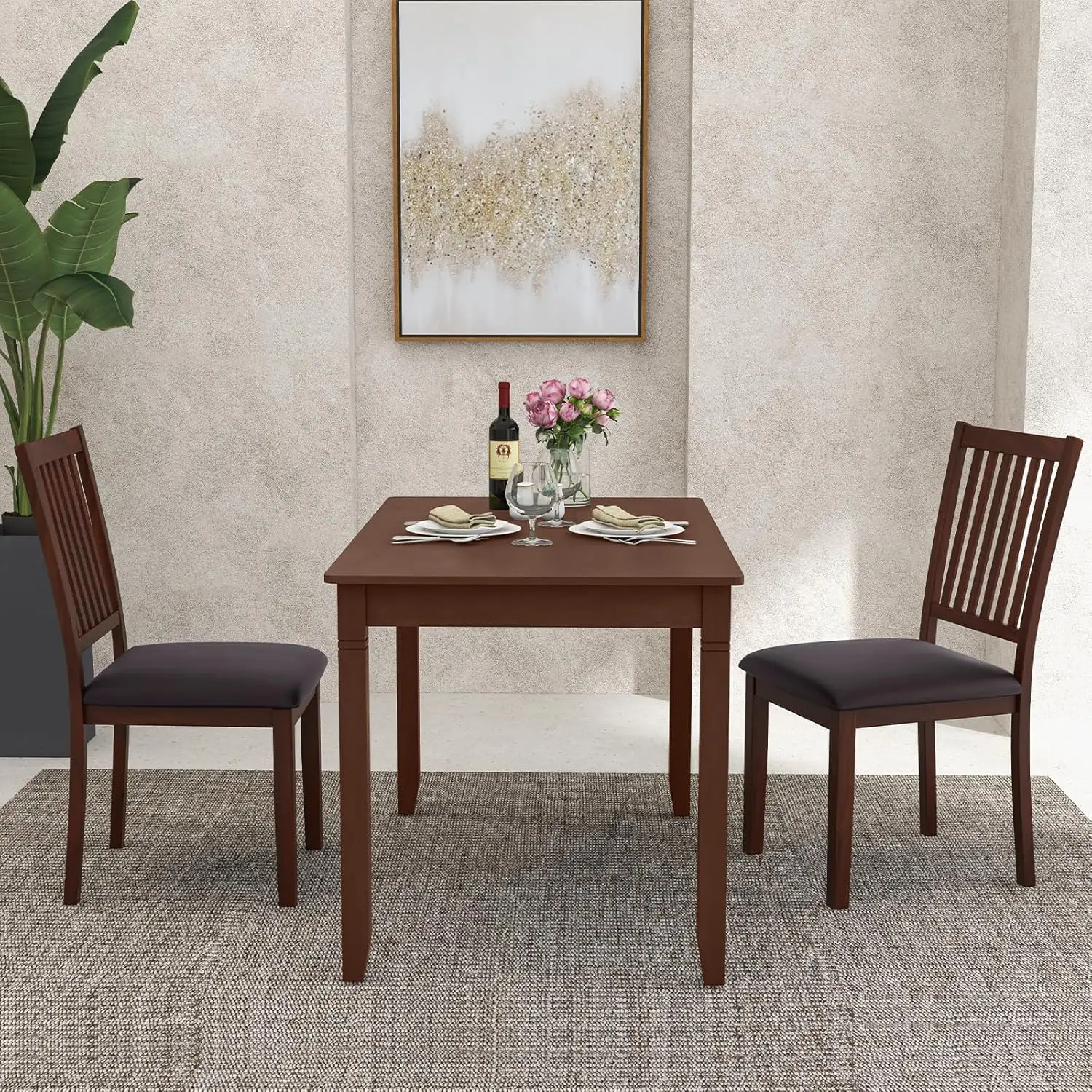 Wooden Dining Chairs Set of 2, Upholstered Kitchen Chairs w/Slat Back, Wear-Resistant PVC Leather, Rubber Wood Legs