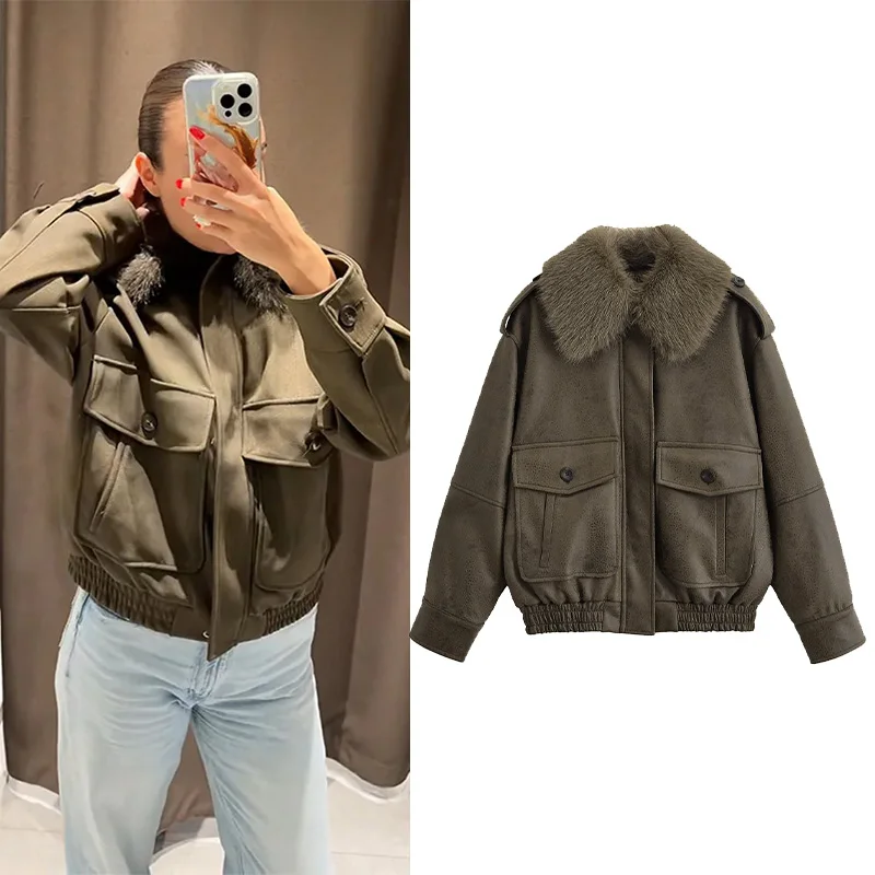 

HipSeam женская куртка со съемным воротником из искусственной замши с воротником с лацканами, осенняя винтажная женская куртка с карманом на молнии и длинными рукавами, женские топы