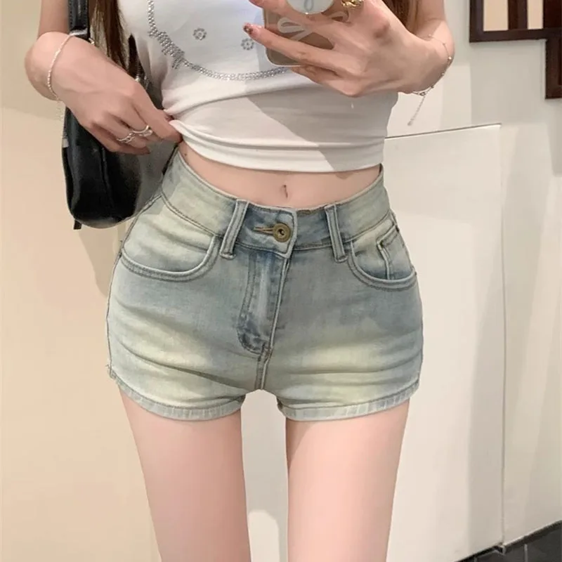 

Новые синие джинсовые шорты для женщин в корейском стиле с высокой талией, летние укороченные шорты, винтажные уличные шорты-джинсы облегающего кроя