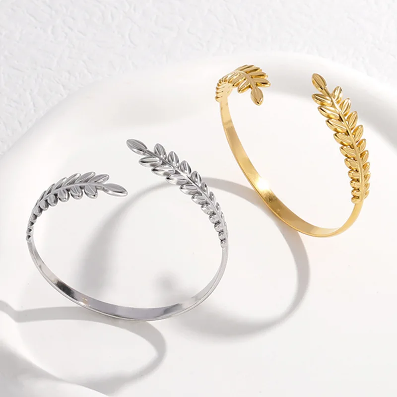 Stainless Steel Charm Enfashion Leaves and Ears of Wheat Bangles for Women High Quality Party Cuff Bracelet Jewelry Colorfast