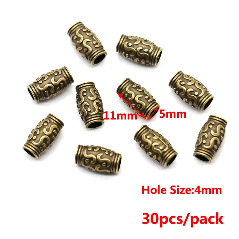 30pcs/lot 11*5mm Round Metal Big Hole Charm Beads Antique Bronze  Spacer Tube Beads for Bracelet DIY Jewelry Making Findings