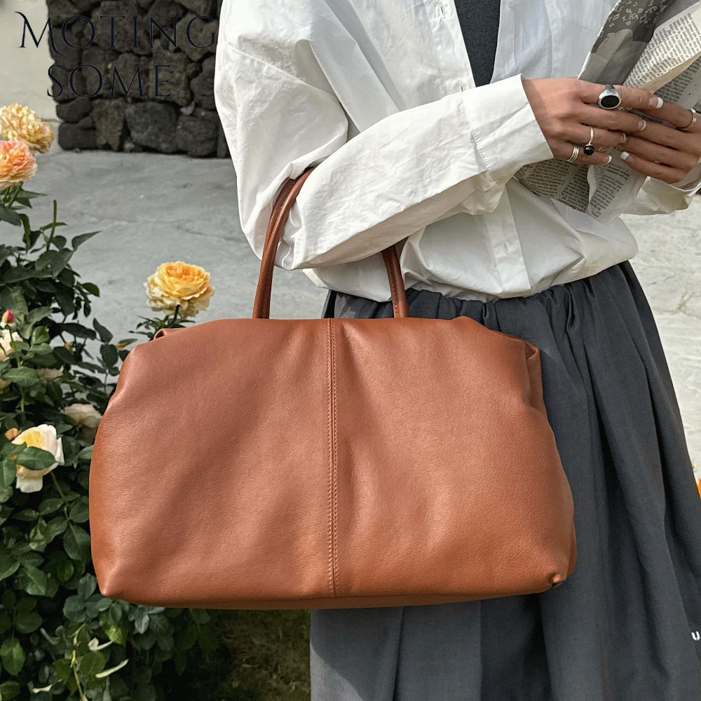 Motingsome Quality Cowhide Genuine Grade Woman Handbag Blowing Bag Oversized Hobos 2025 New in Handbag Autumn and Winter Tote