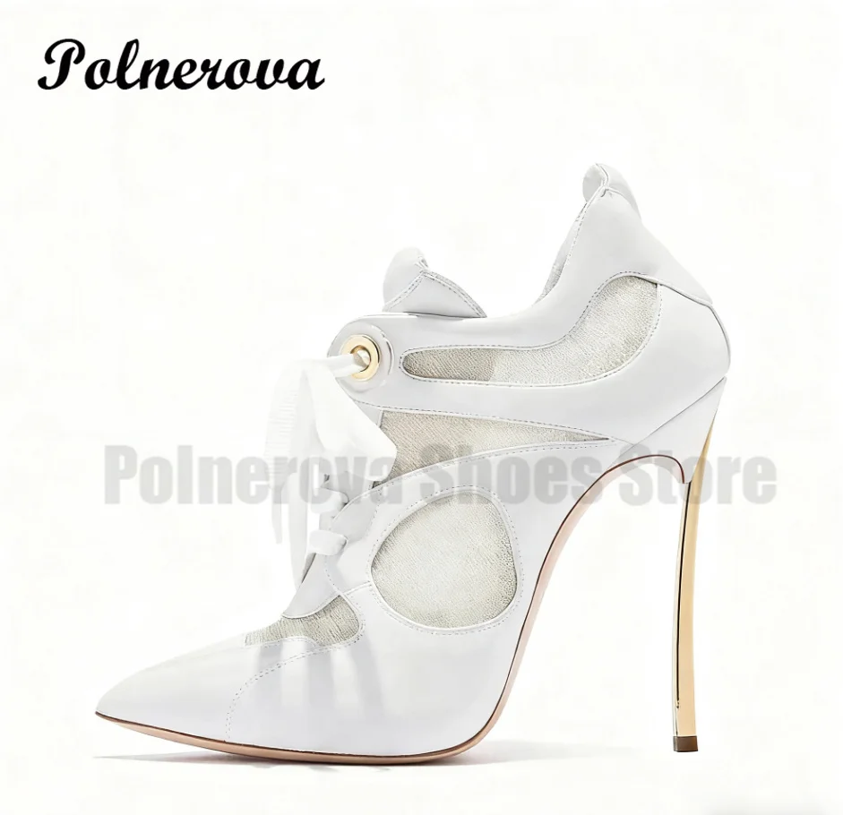 

Pointed Toe Stiletto Heel Pumps Golden Blade Heel White Lace Up Boots Female Party Sexy High Heels Catwalk Style High Heels
