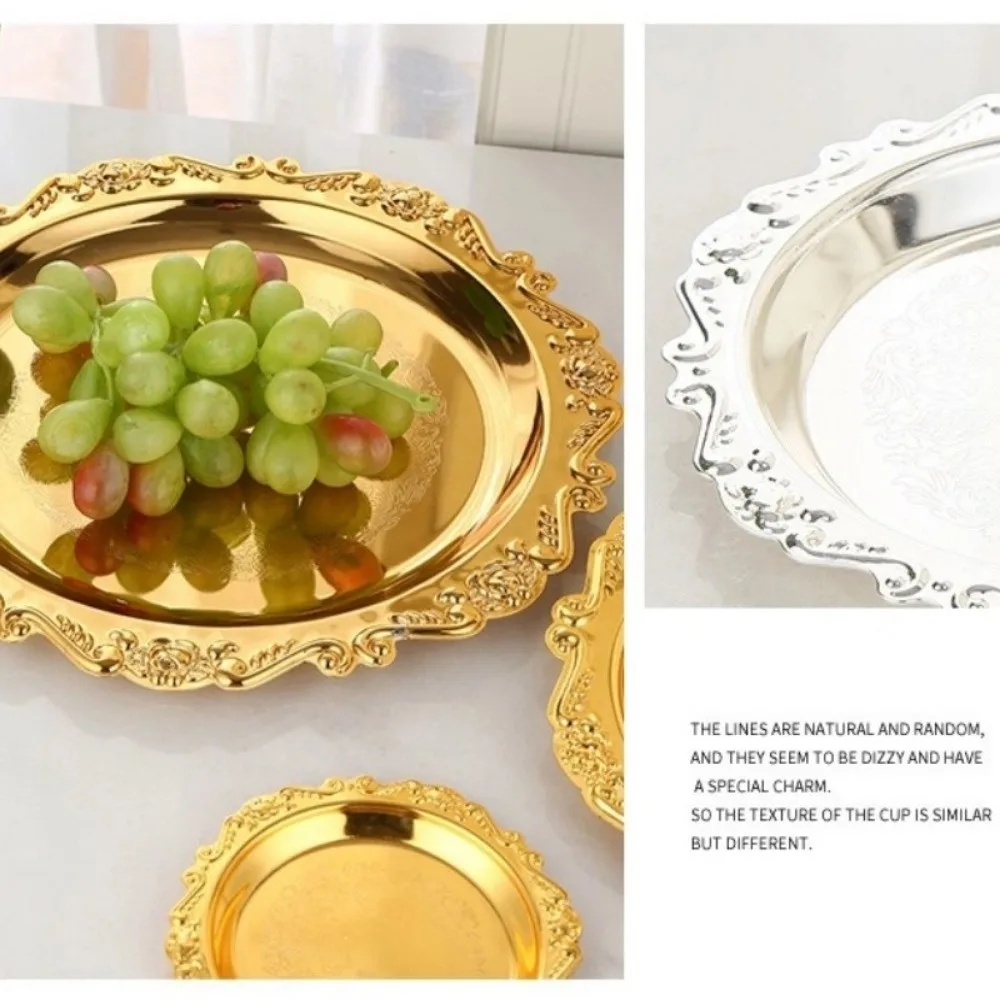 Retro Golden Silver Cake Tray Round Desktop Jewelry Storage Tray Dinner Serving Tray Party Decorative