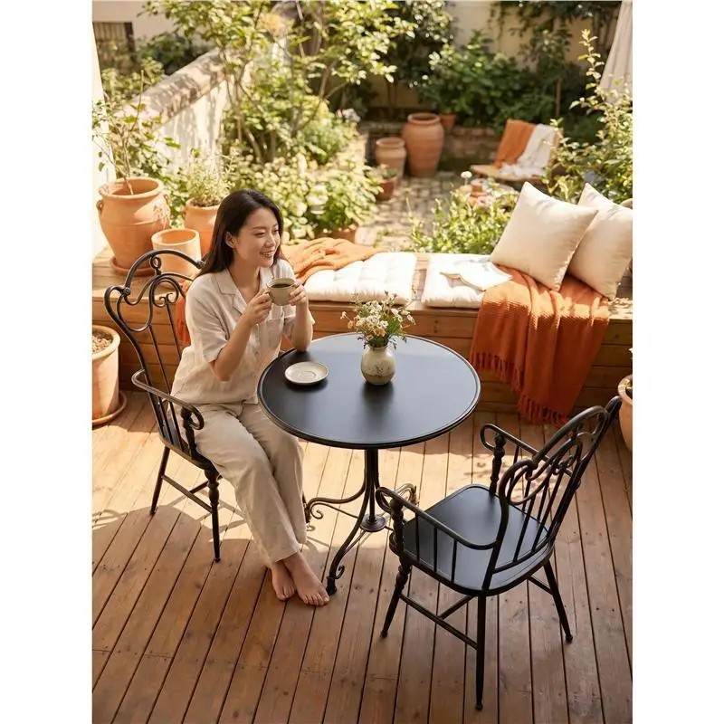American round courtyard balcony carbon steel black table and chair kit outdoor wrought iron design courtyard table and chair fu
