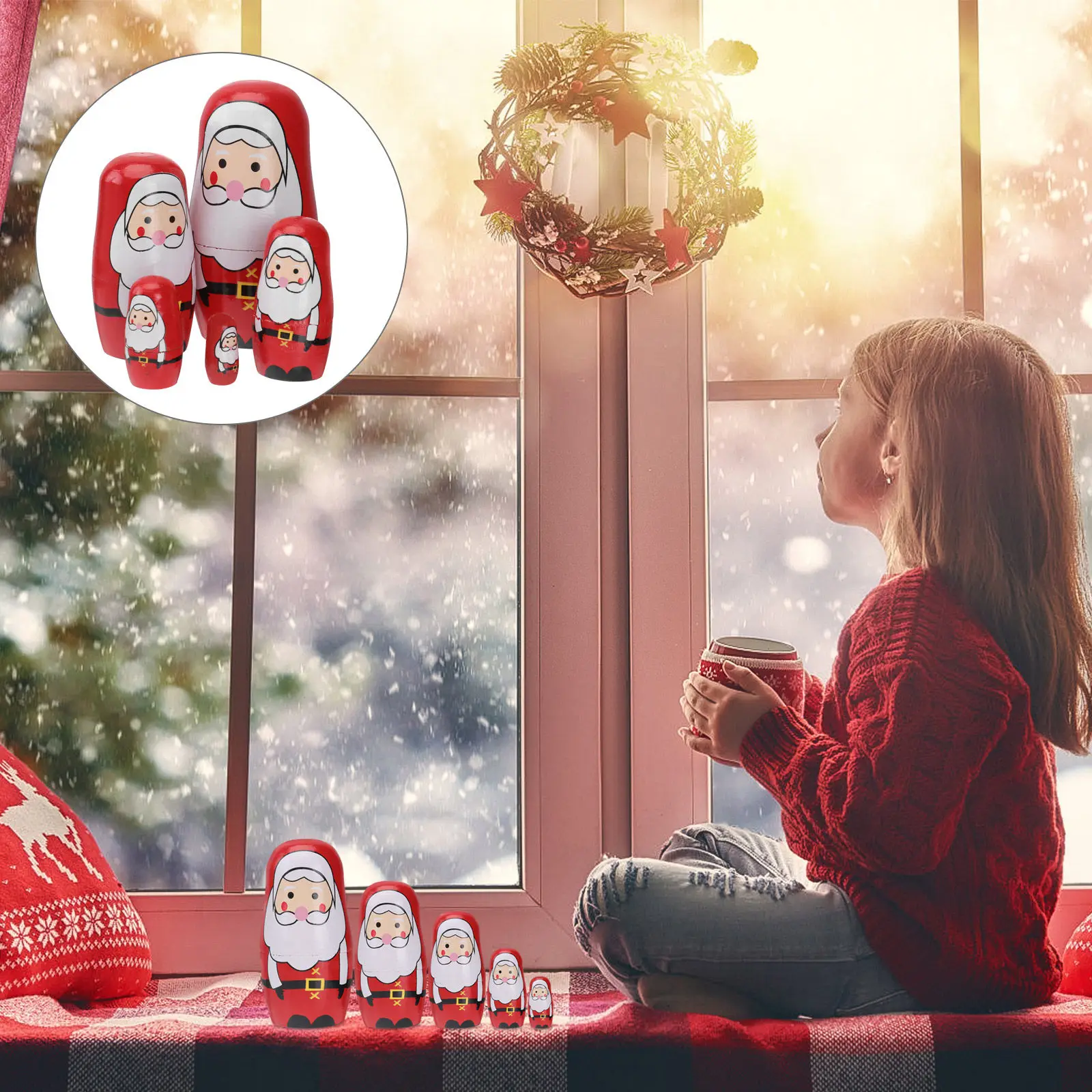 

5Pcs Santa Claus Pattern Painted Wooden Russian Nesting Storage Boxes Set Christmas Gift Decoration Cartoon Russian