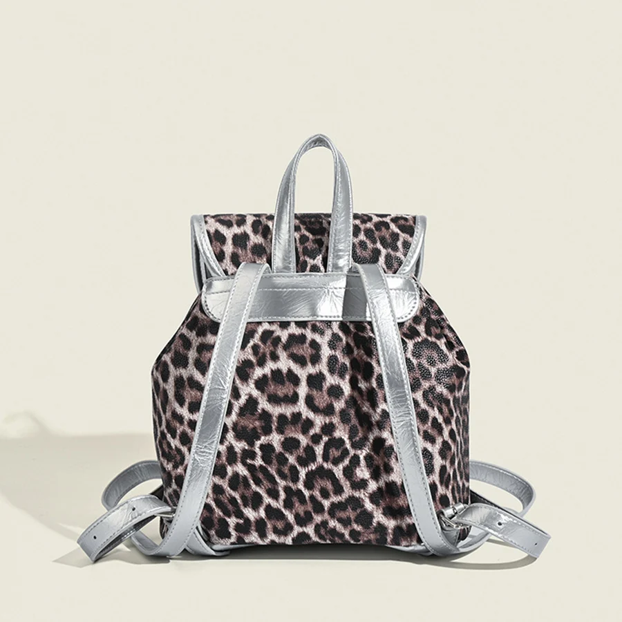 Fashion pu+leopard print Women Backpack Large drawstring schoolbag for Teenagers Girls Travel Designer commuter shoulder bagpack