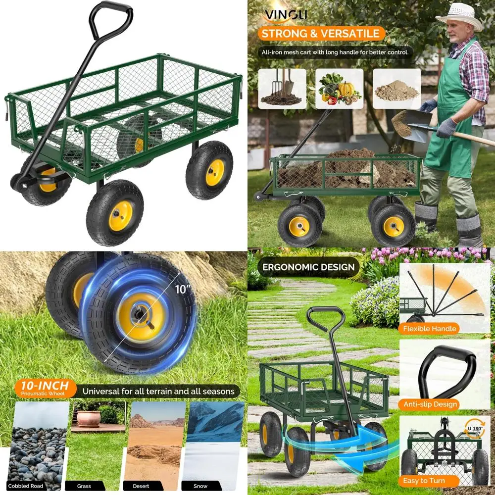 Carrinho de jardim de malha de aço com capacidade de 880 lbs para serviço pesado com carrinho de mão removível e lados removíveis