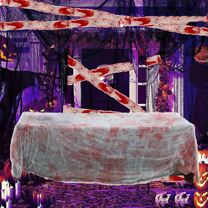 215x152cm Halloween Bloody Gauze Tablecloth Blood Stained Table Cover Halloween Party Scene Horror Decor DIY Haunted House Props