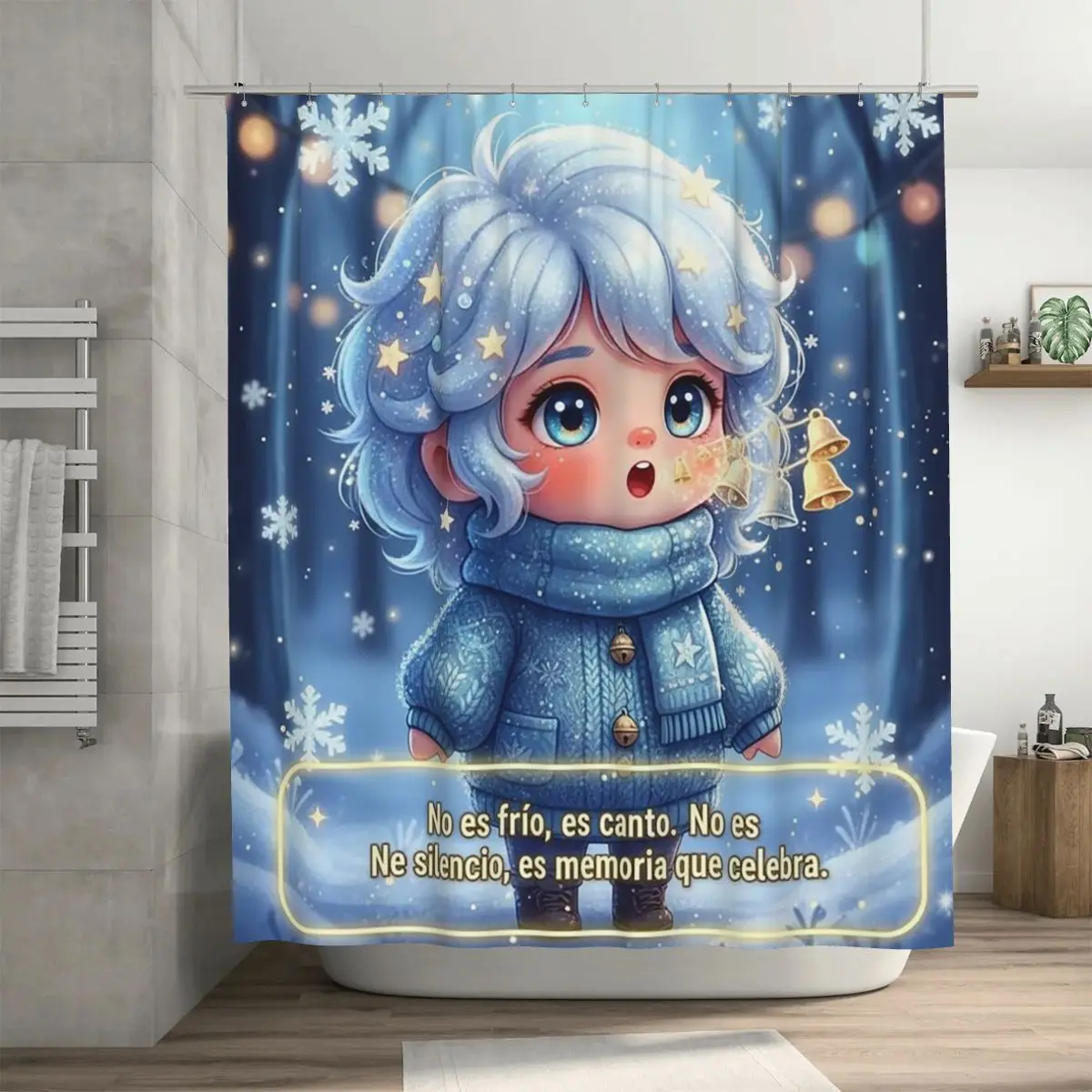 Chibi Singer Snowflakes And Bells Shower Curtain Bathroom Polyester Waterproof Bath Curtains with Hooks