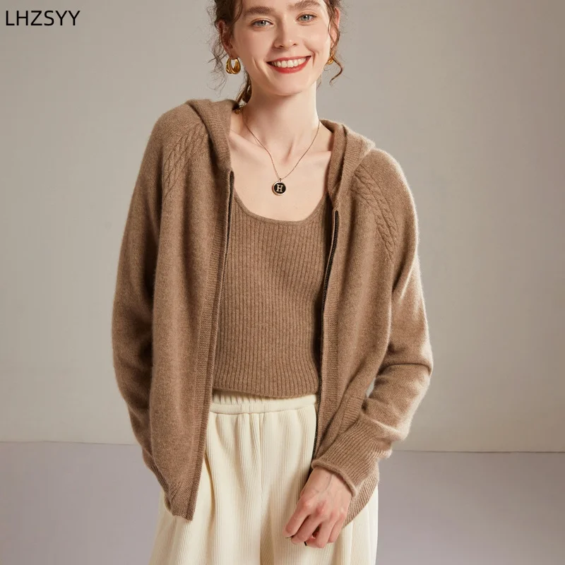 LHZSYY Fall/Winter New 100% Goat Cashmere Zipper Jacket Women\'s High-end Hooded Knit Cardigan Casual Loose Thick Sweater Coat